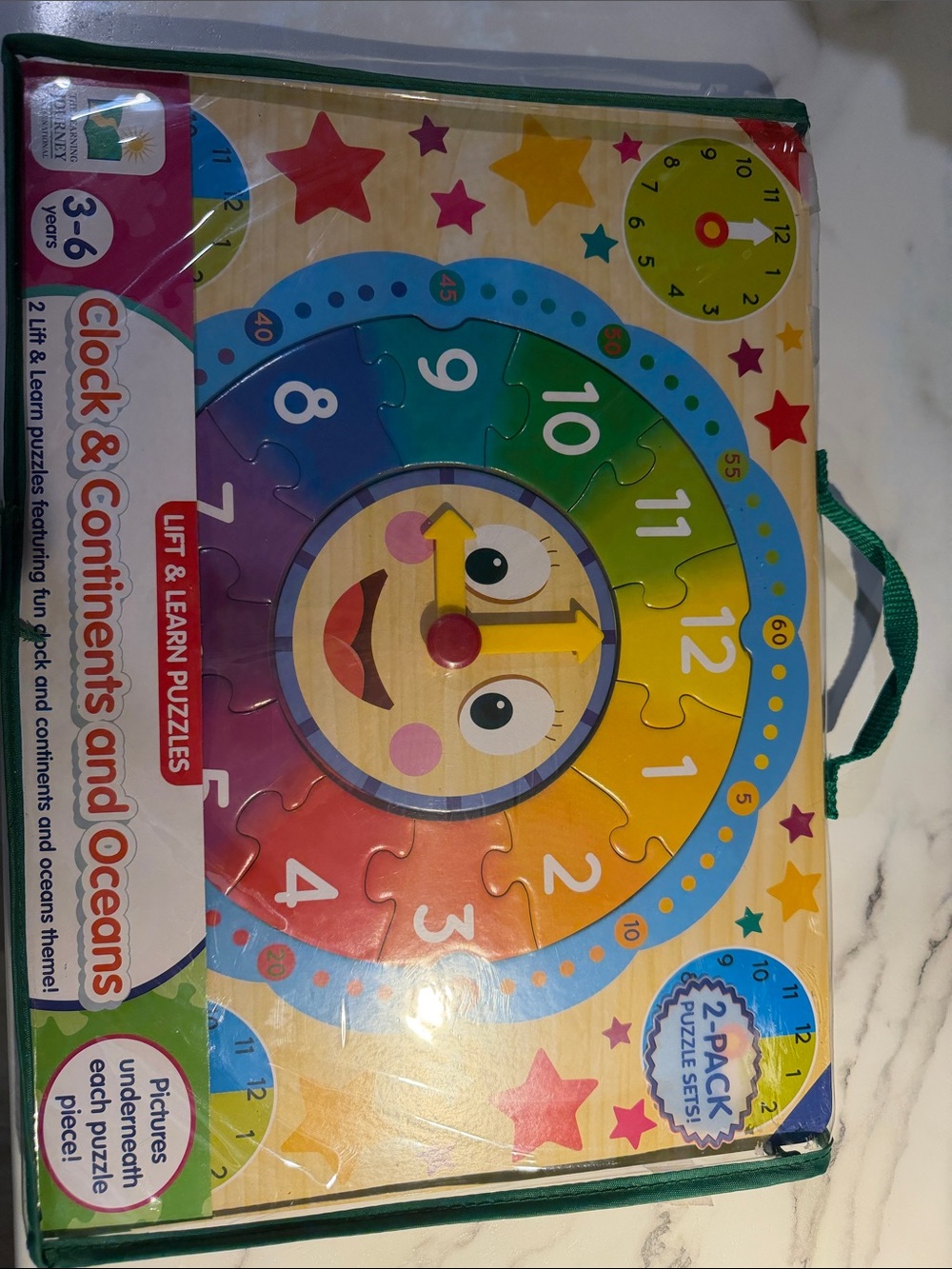 Clock & Continents and Oceans Kids Learning Puzzle - Rainbow